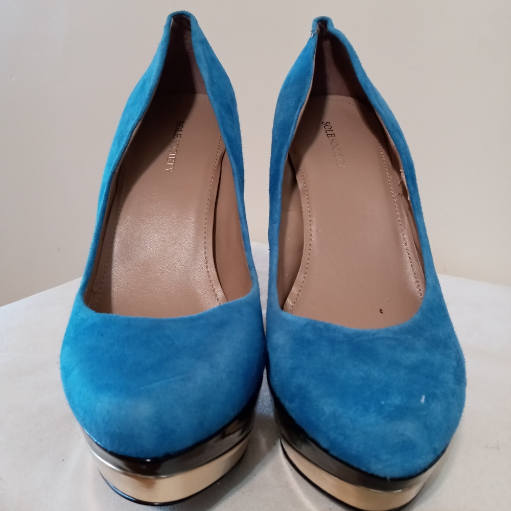 Blue suede and black, acented with gold high heels size 10B by SOLESOCIETY